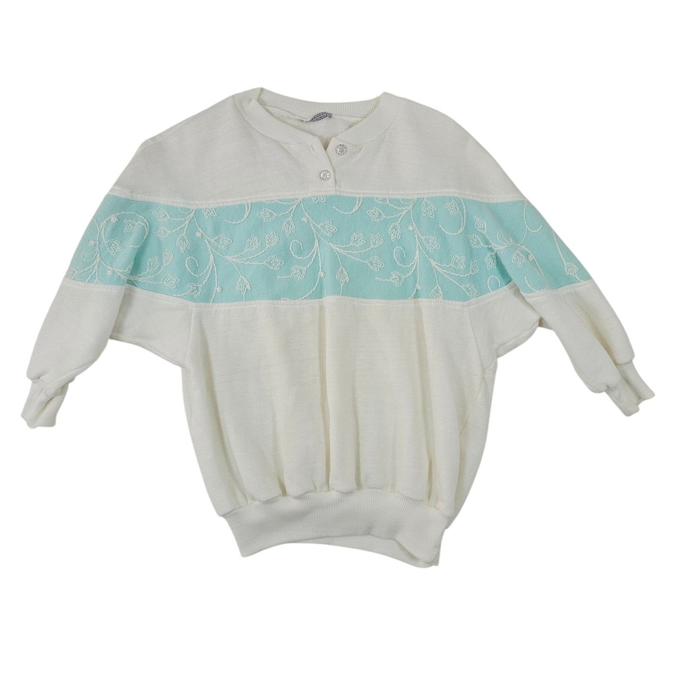 Vintage 80s Embroidered Dolman Sleeve Sweatshirt Cream‎ Mint Green Henley XL